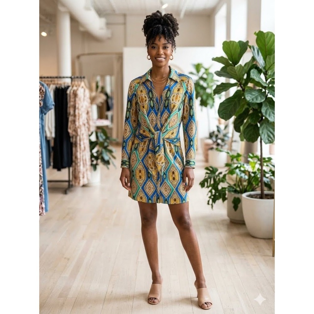 Y2K Caché Geometric Print Shirt Dress Mini Front Tie Button Down Long Sleeve 12